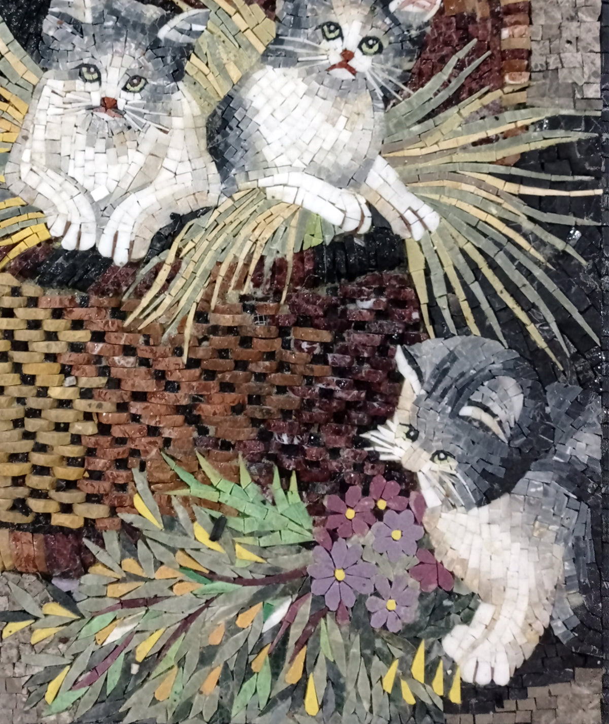 KITTEN MOSAIC BACKSPLASH | Pet Animal Mosaic Tiles For Kids Room Walls | Three Kittens Artwork Tiles For Cat Lovers Room Walls Decor