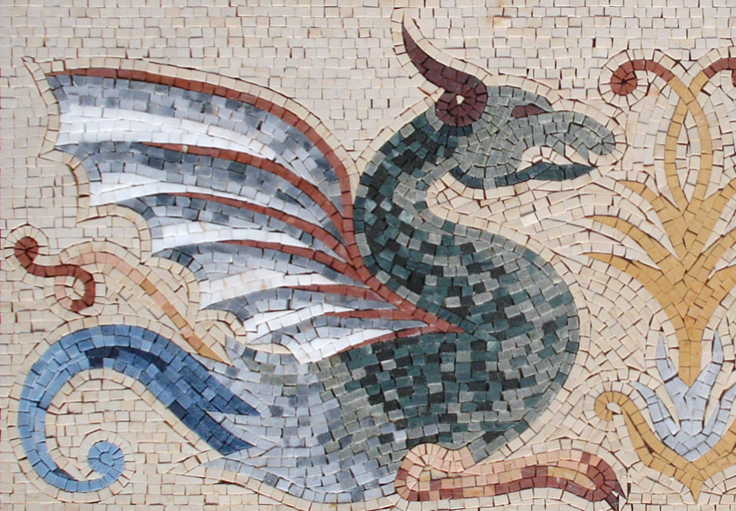 Handmade Twin Dragon Marble Mosaic Mural: Interior Wall Art (48” x 20”)