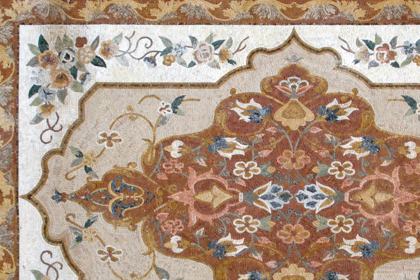 Handmade Marble Stone Mosaic Rug: Flower Design Art Tile (84” x 56")