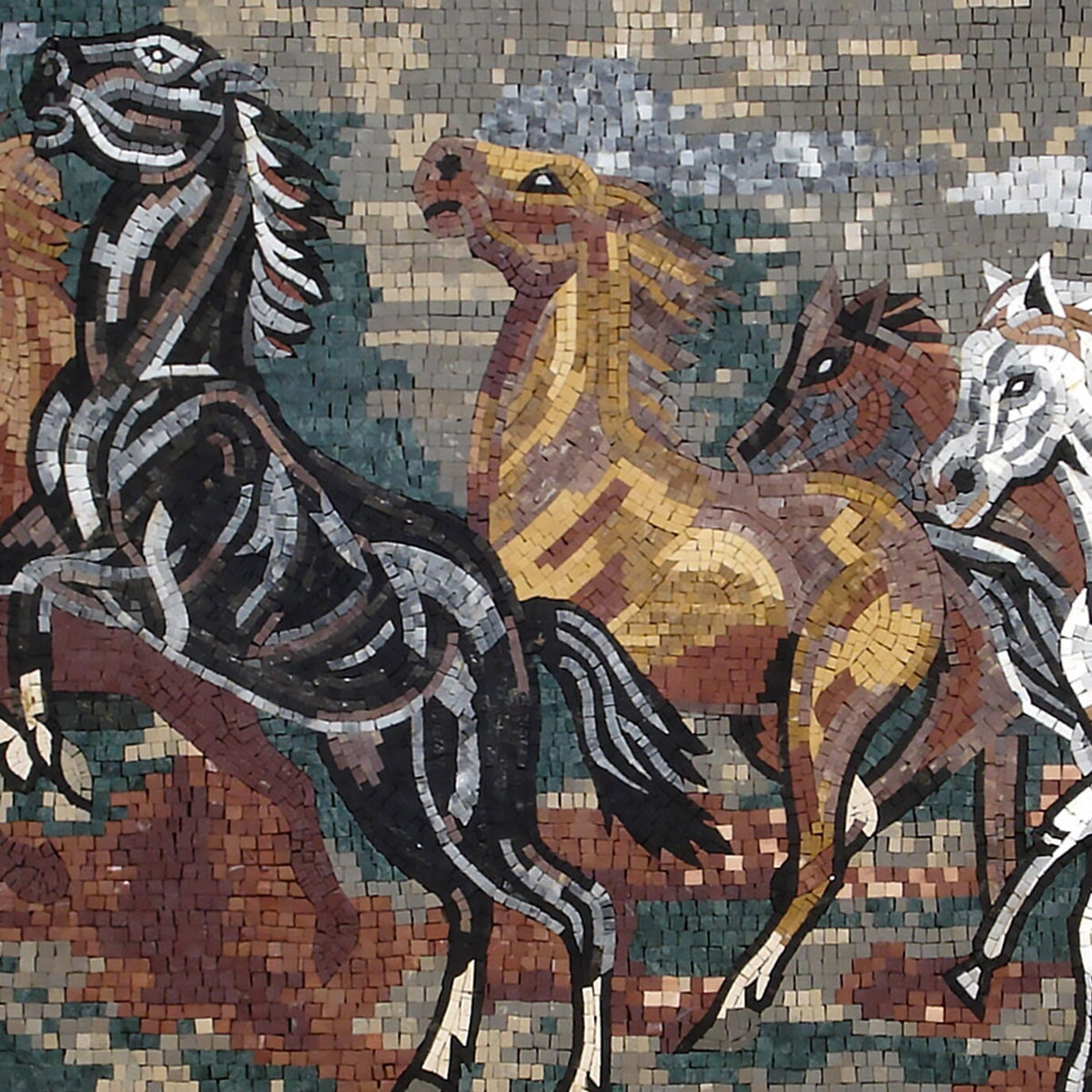 Handmade Horse Mosaic Tile Mural: Galloping Horses Stone Art (86" x 40")