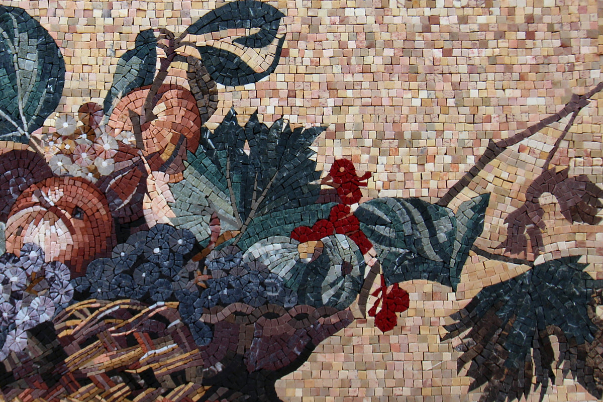 Handmade Fruit Bowl Mosaic Tile Art: Marble Kitchen Backsplash (32” x 24”)