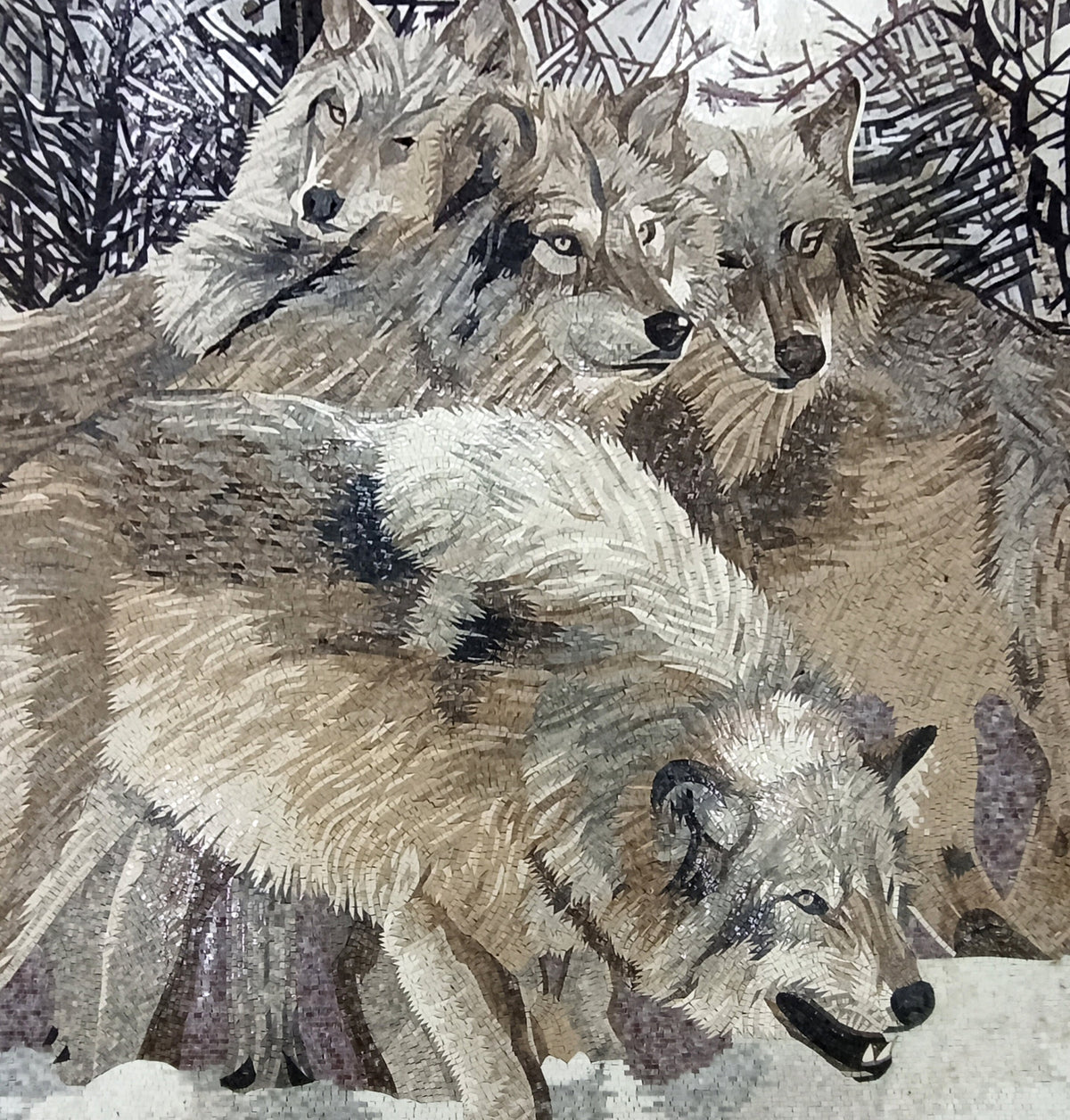 Handmade Snowy Wolf Mosaic Tile Art: Rustic Cabin Decor (80” x 72")