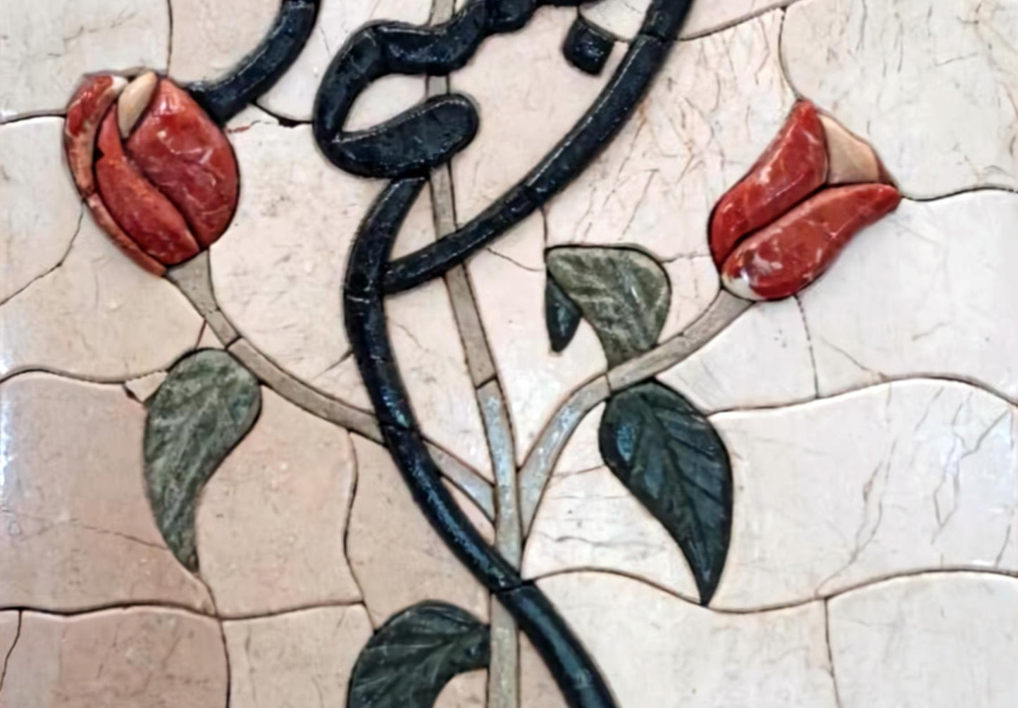 Handmade Basmala Calligraphy Marble Mosaic Tile Art: Red Rose Islamic Decor