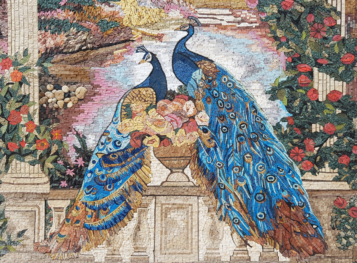 Peacock Mosaic Tile Art: Handmade Stone Wall Decor (56” x 40")