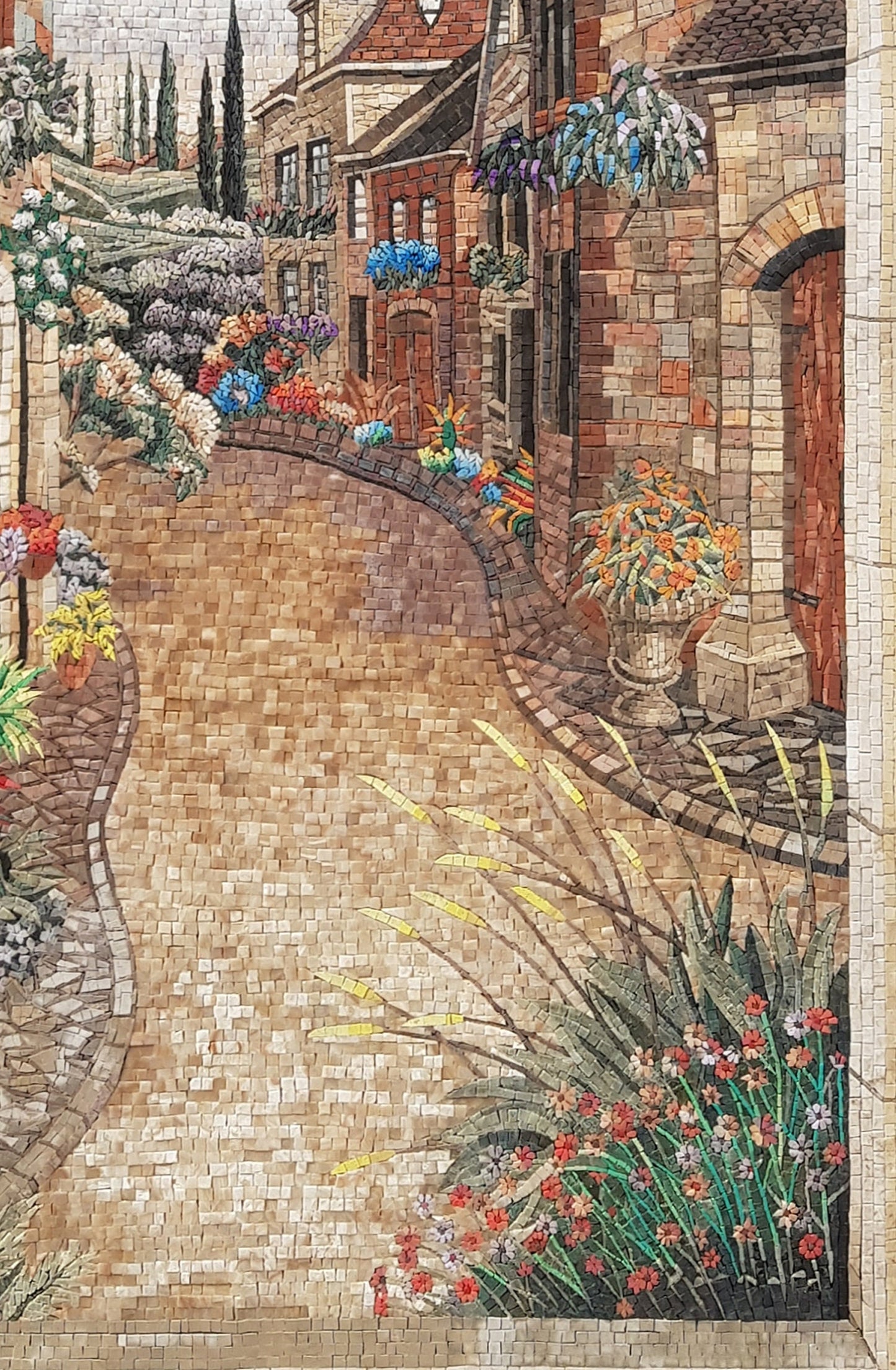 Handmade Marble Mosaic Mural: Botanical European Village Scene