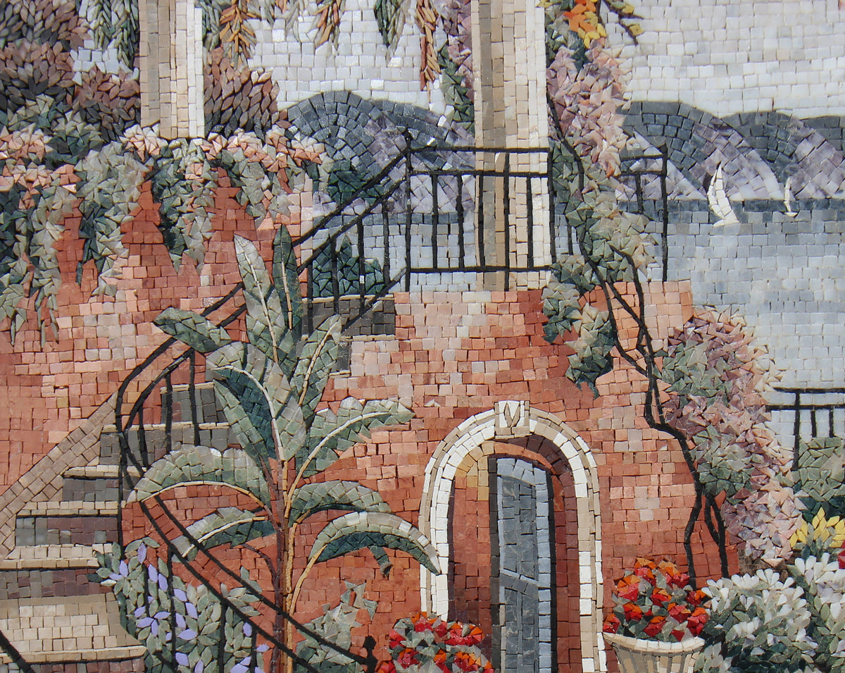 Handmade Seascape Mosaic Tile Art: Vintage Coastal Courtyard (40” x 32”)