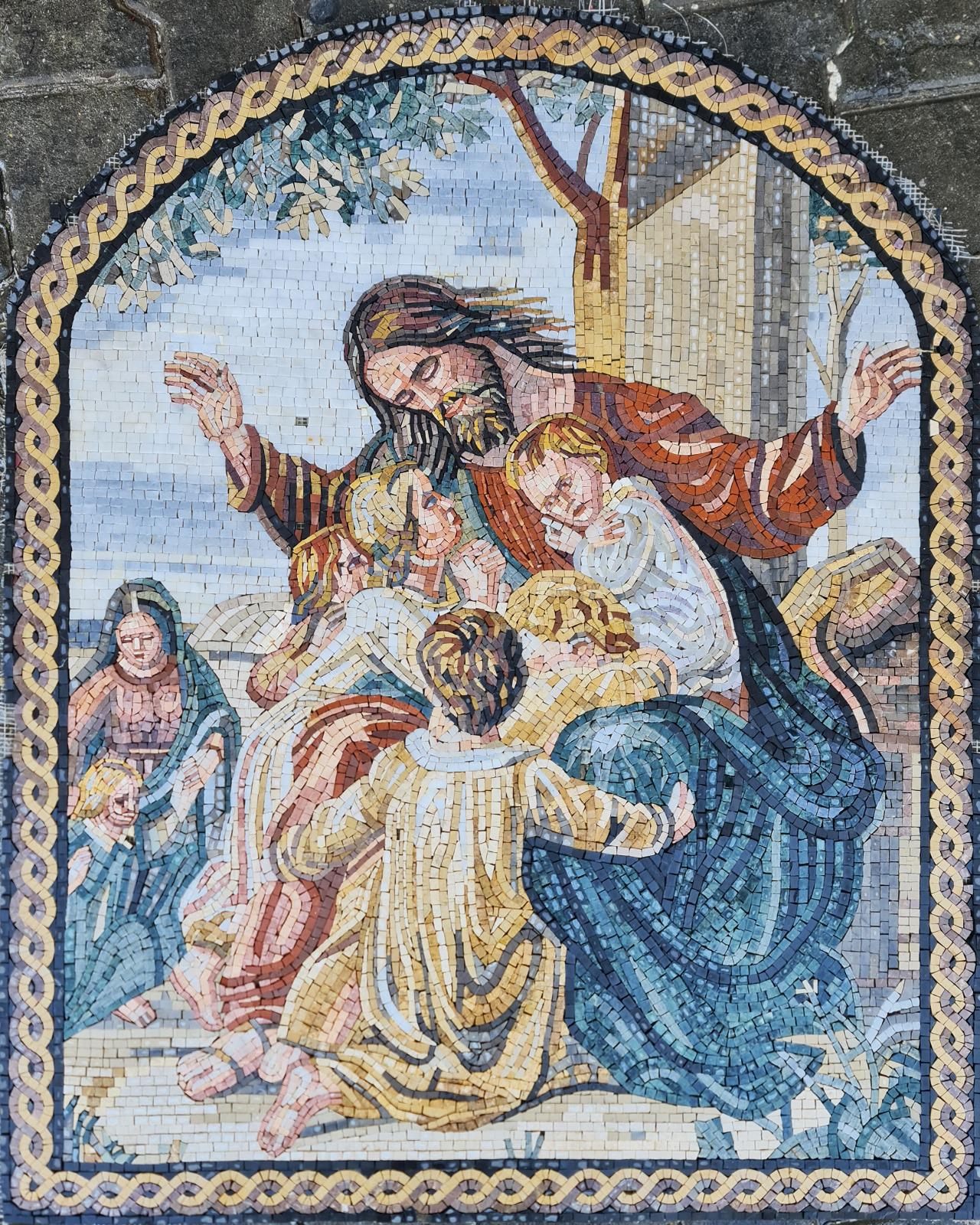 40″×32″ Jesus Christ with Children Mosaic – Handmade Marble Religious Wall Art, Customizable Size & Color
