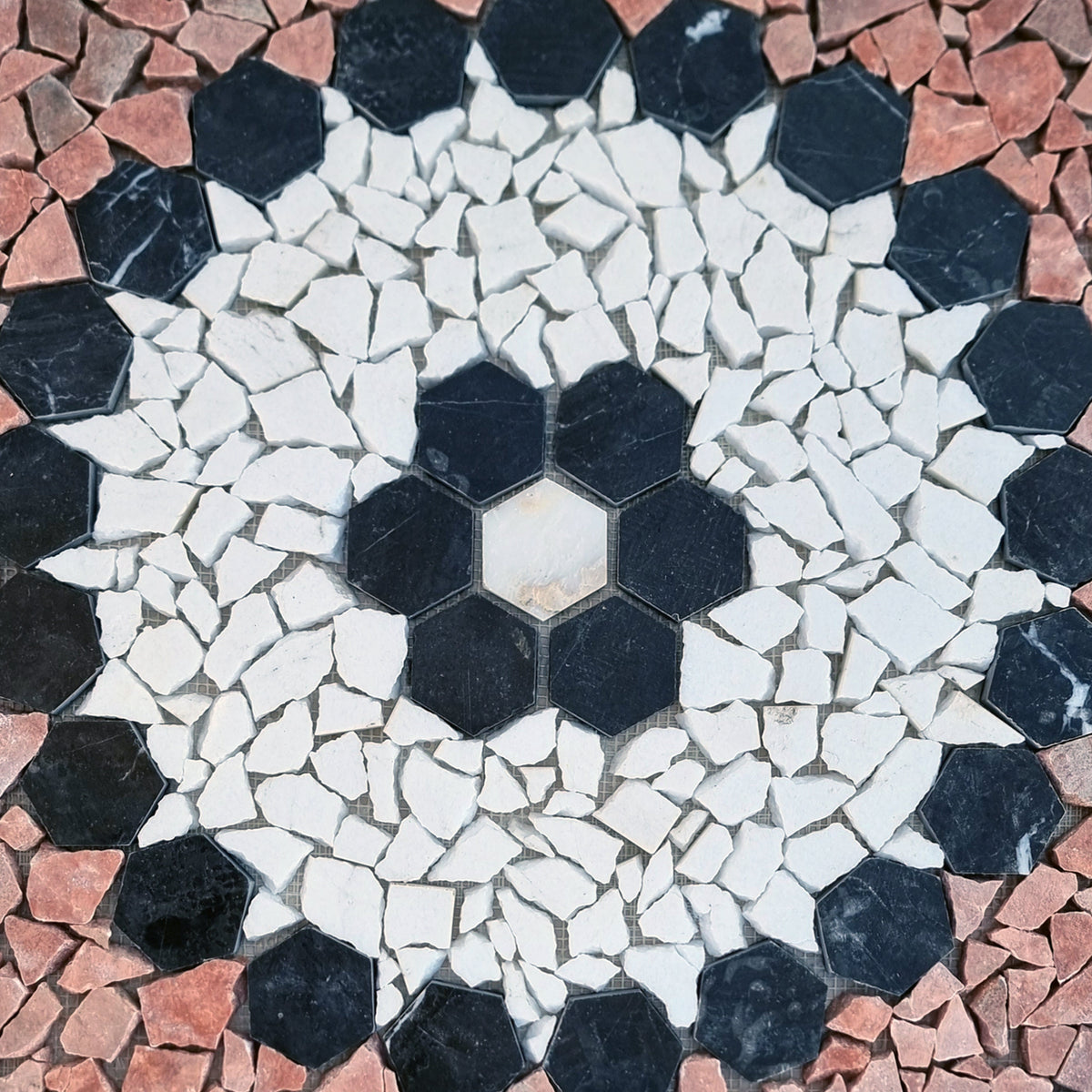 Handmade Square Stone Mosaic Tile: Tropical Medallion Art (24x24")