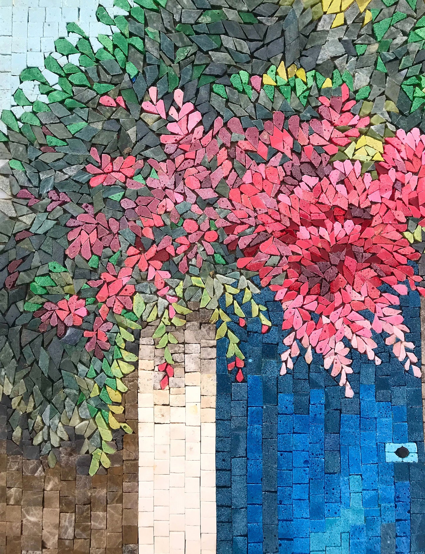 Botanical Mosaic Tile Art: Blue Door Garden Stone Wall Decor