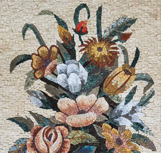 Handmade Marble Mosaic Tile Art: Floral Bouquet in Greek Vase (36” x 24”)