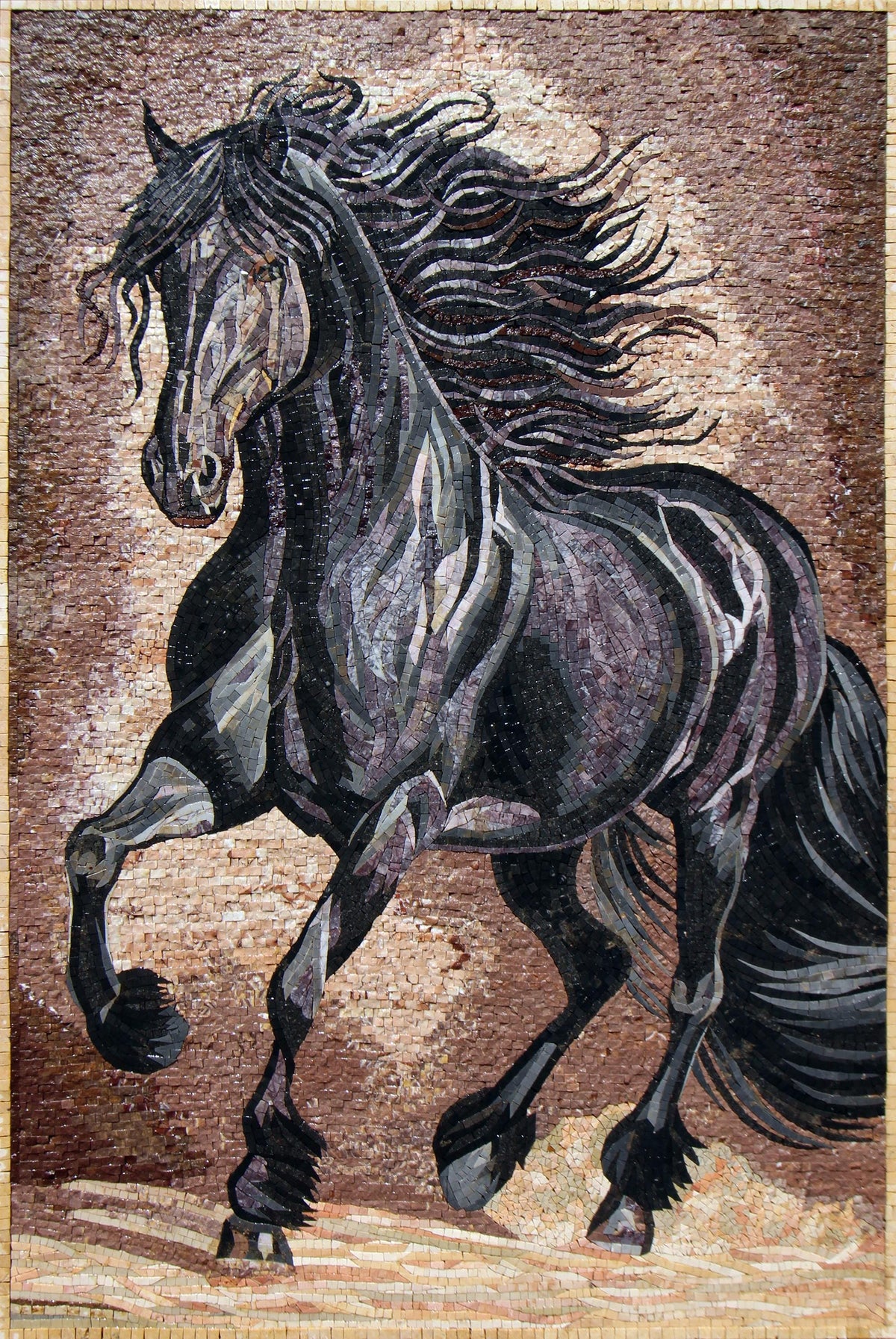 48"x32" Black Horse Mosaic Wall Art – Equestrian Home Decor, Rustic Animal Mosaic Panel, Customization available