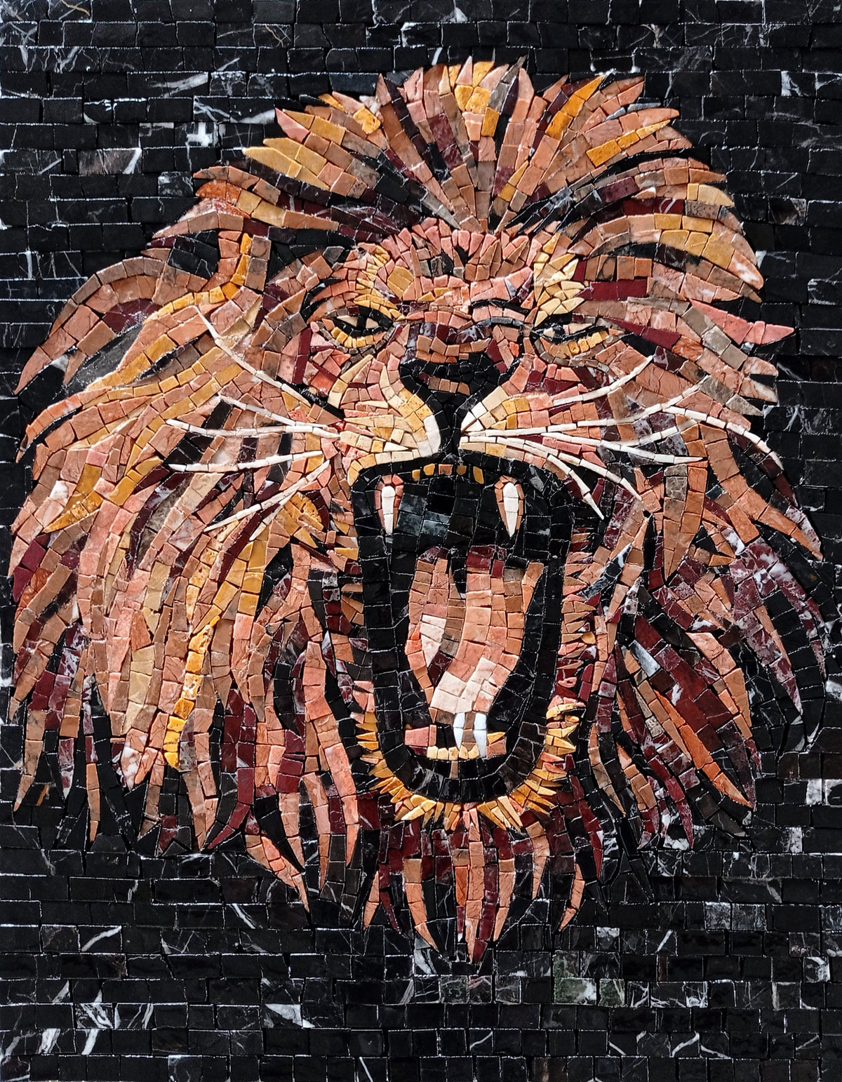 Handmade Lion Mosaic Mural: Roaring Face, Stone Tile Art (26x20)
