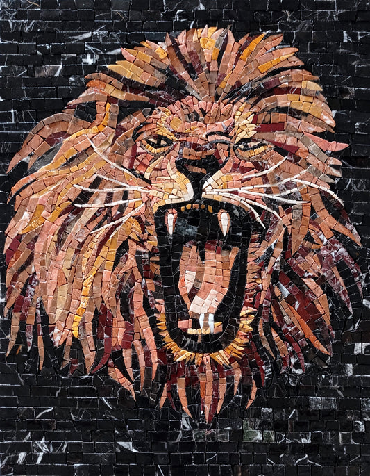 Handmade Lion Mosaic Mural: Roaring Face, Stone Tile Art (26x20)