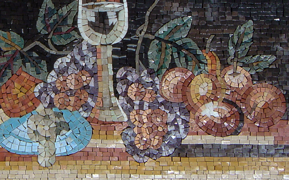 Handmade Still Life Mosaic Tile: Champagne & Fruit Backsplash (30” x 22”)