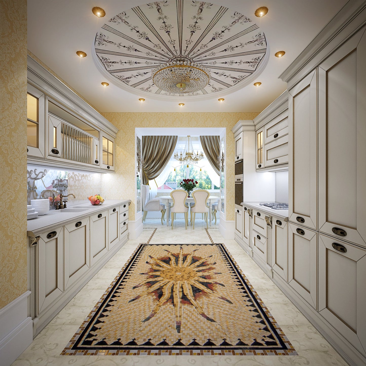 Handmade Marble Mosaic Rug: Flaming Sun Tile Art (56” x 28”)
