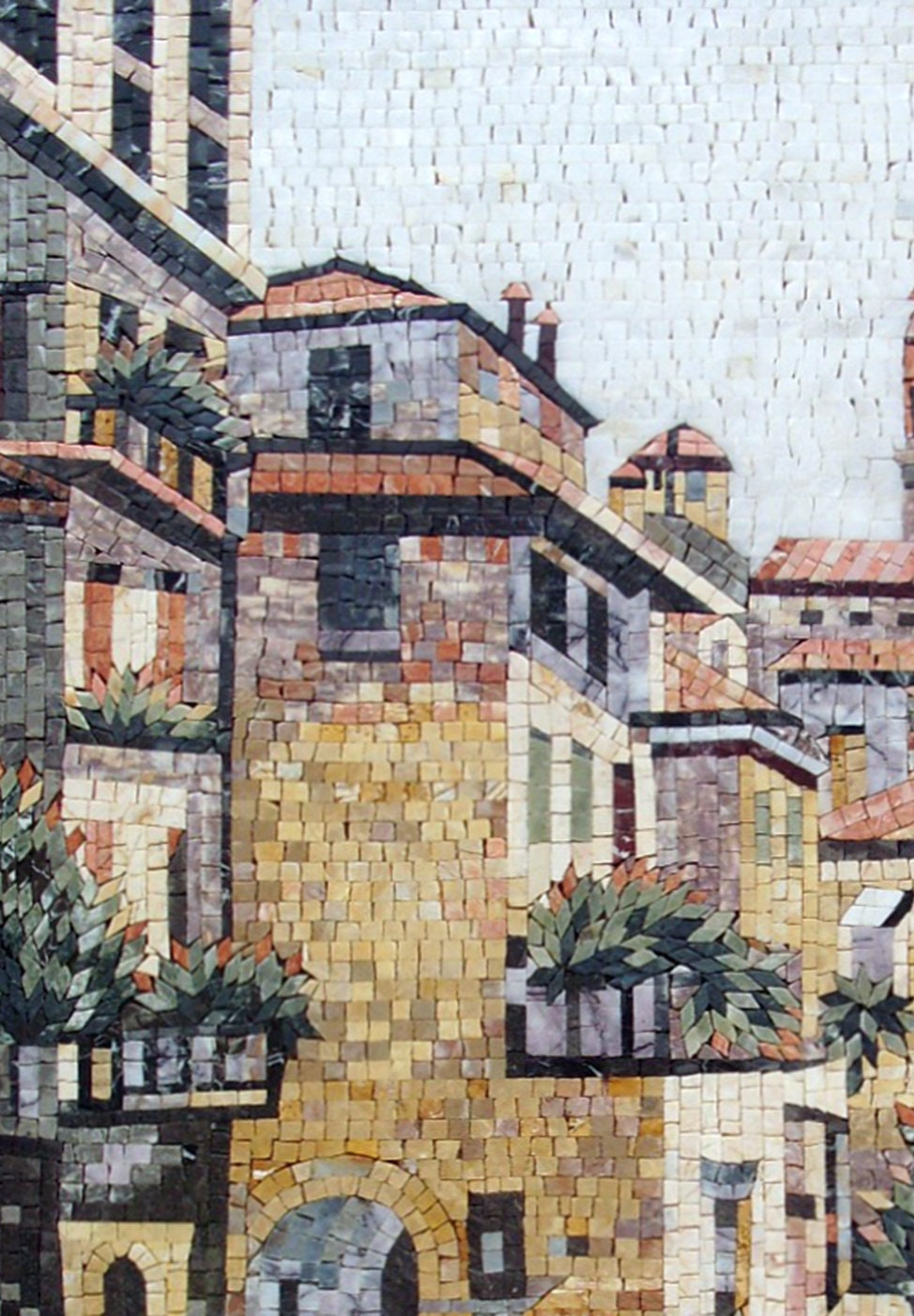 Coastal City Mosaic Tile Art: Handmade Marble Artwork (40” x 28”)