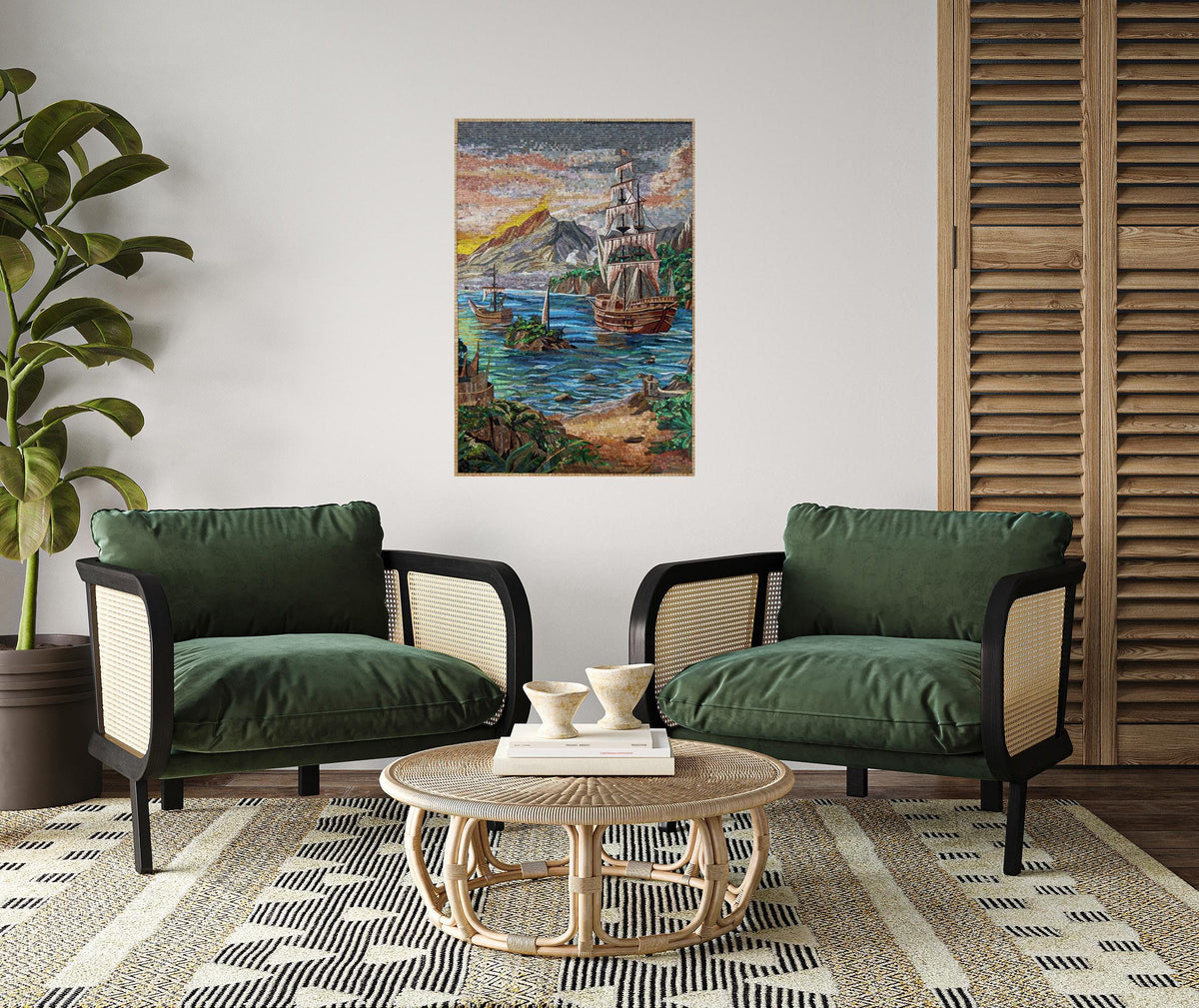 48"x32" Ships in Sea Mosaic Wall Art – Nautical Seascape, Coastal Home Decor, Customization available