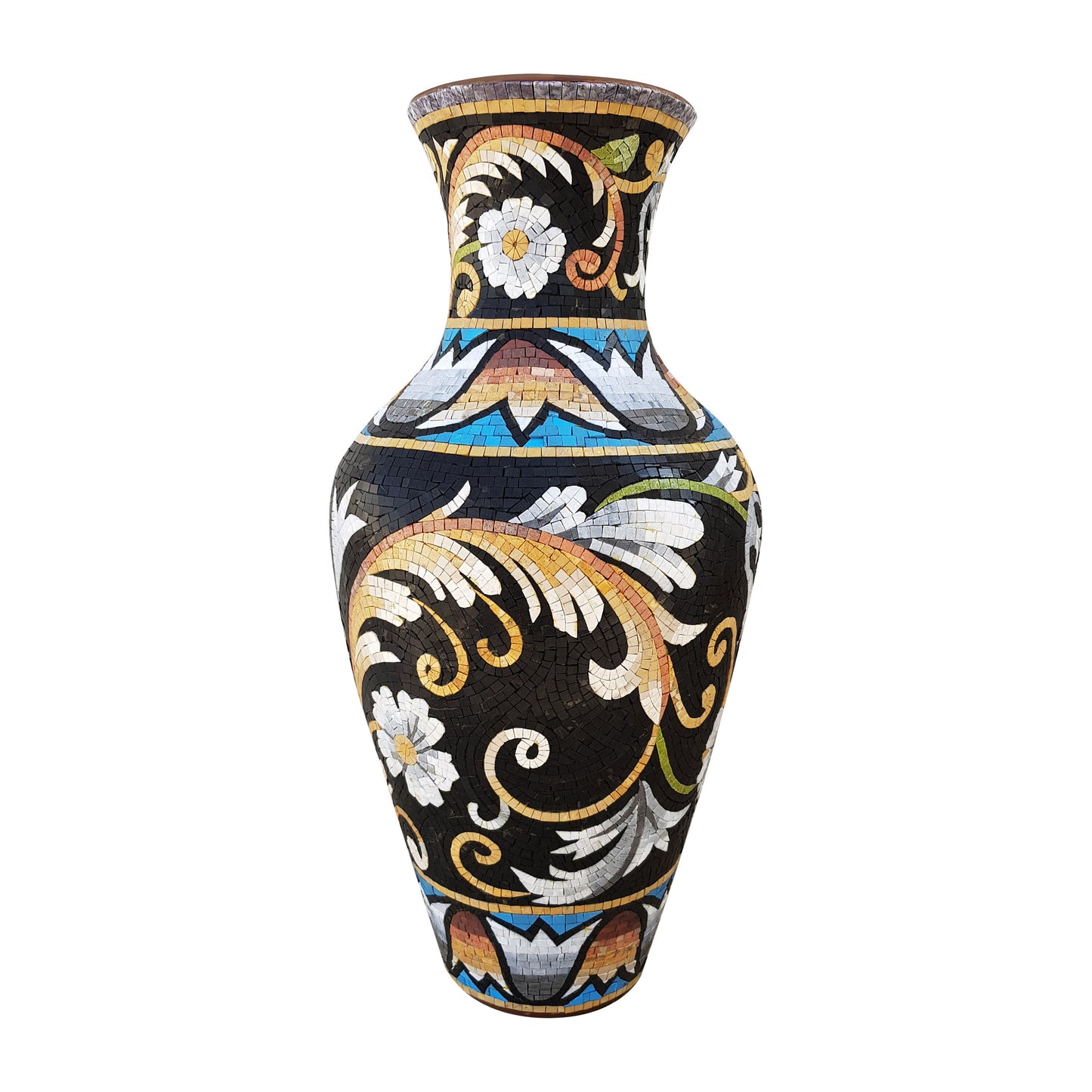 Handmade Floral Mosaic Vase: Round Marble Segment Clay Vase