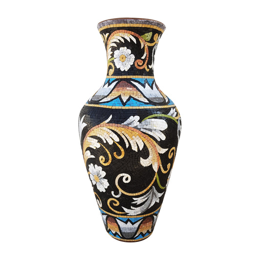 Handmade Floral Mosaic Vase: Round Marble Segment Clay Vase