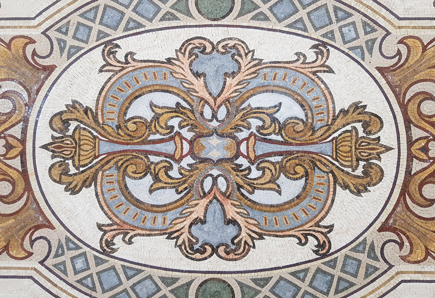 Floral Marble Mosaic Tile Rug: Handmade Art Nouveau Decor (72” x 48”)