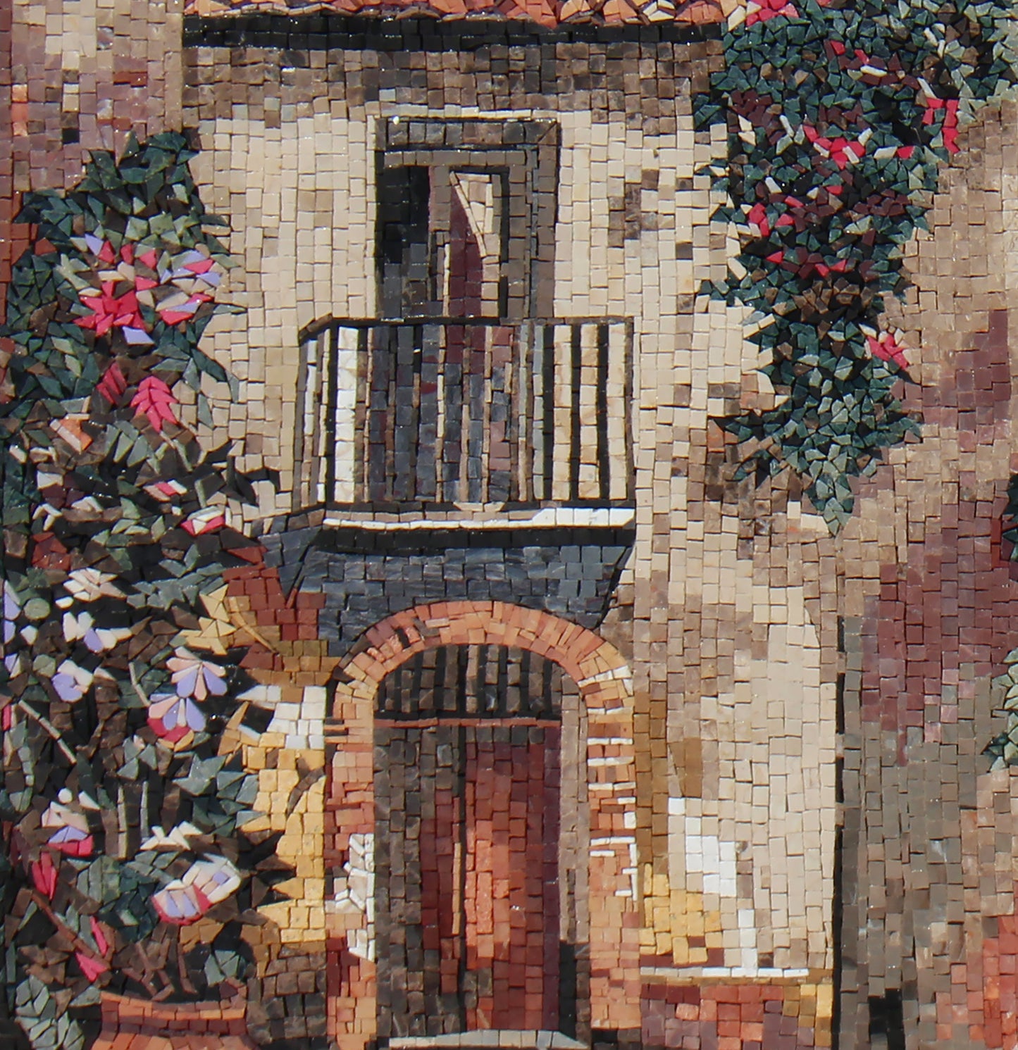 Handmade Cobblestone Street Mosaic Tile Art: European Town Floral Design