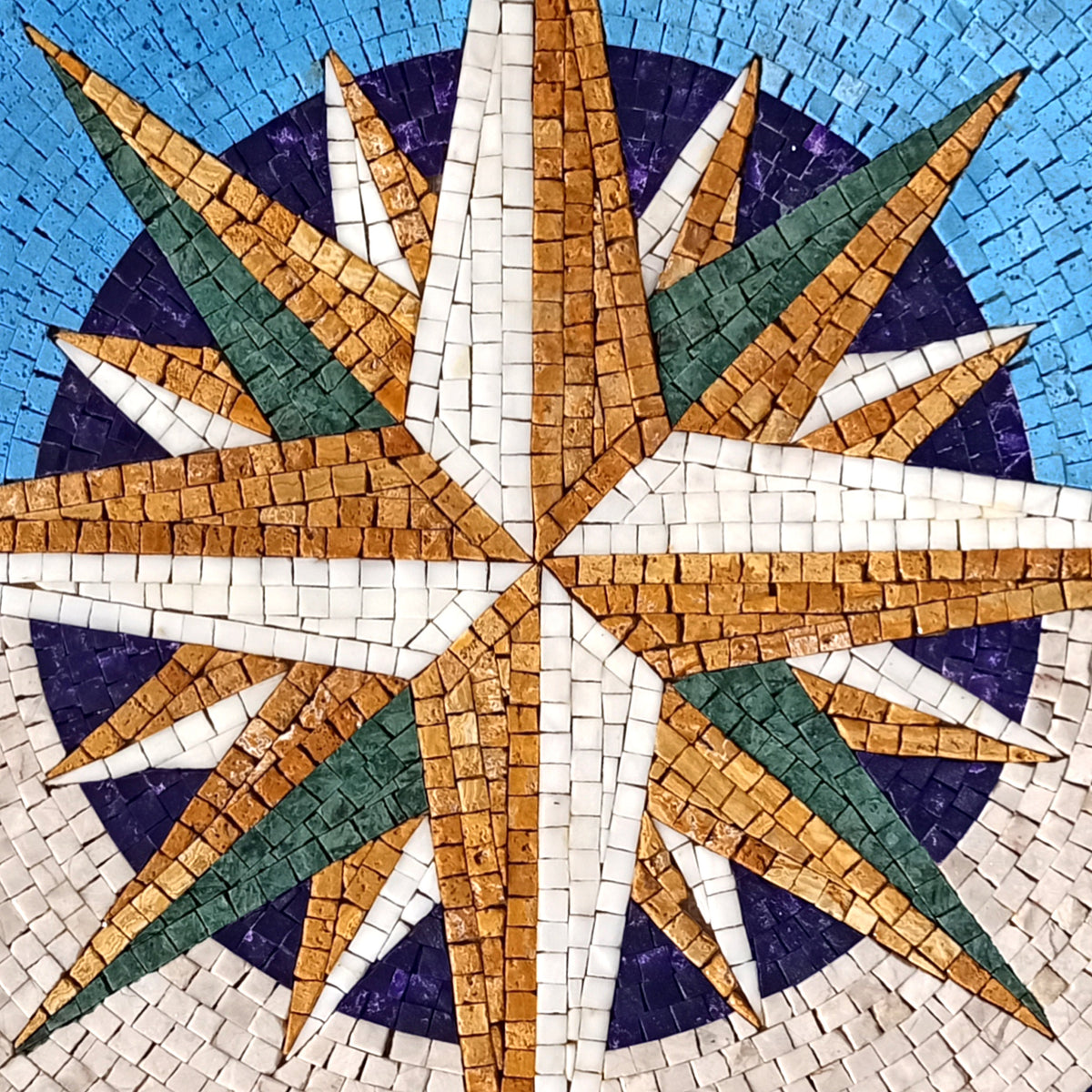 Handmade Marble Mosaic Compass Rose Medallion - Nautical Flooring Tile (32" Diameter)
