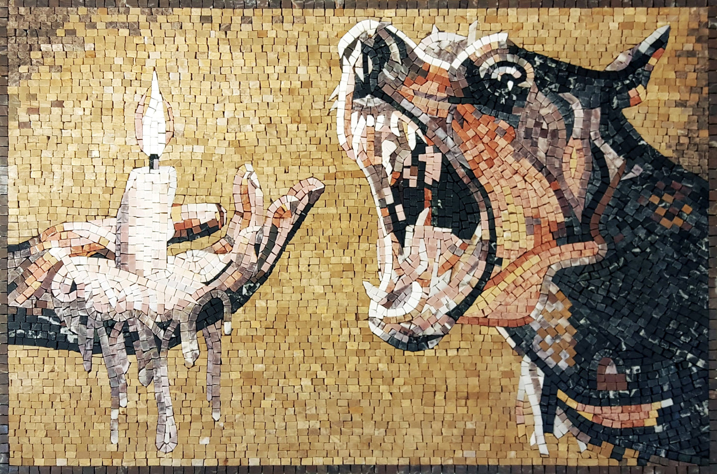 Handmade Dog Marble Mosaic Tile: Barking Dog & Candle Art