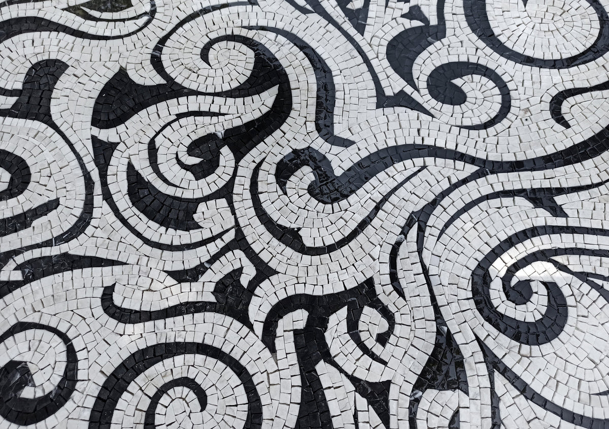 Handmade Waves Pattern Marble Mosaic Rug: Black and White Art