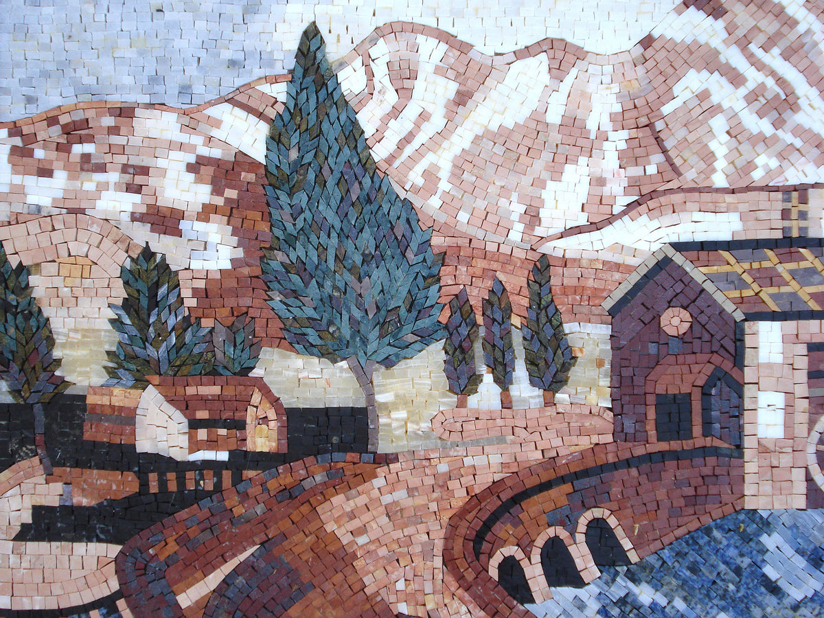 Handmade Marble Mosaic Tile Art: Water Dam House Botanical Tree