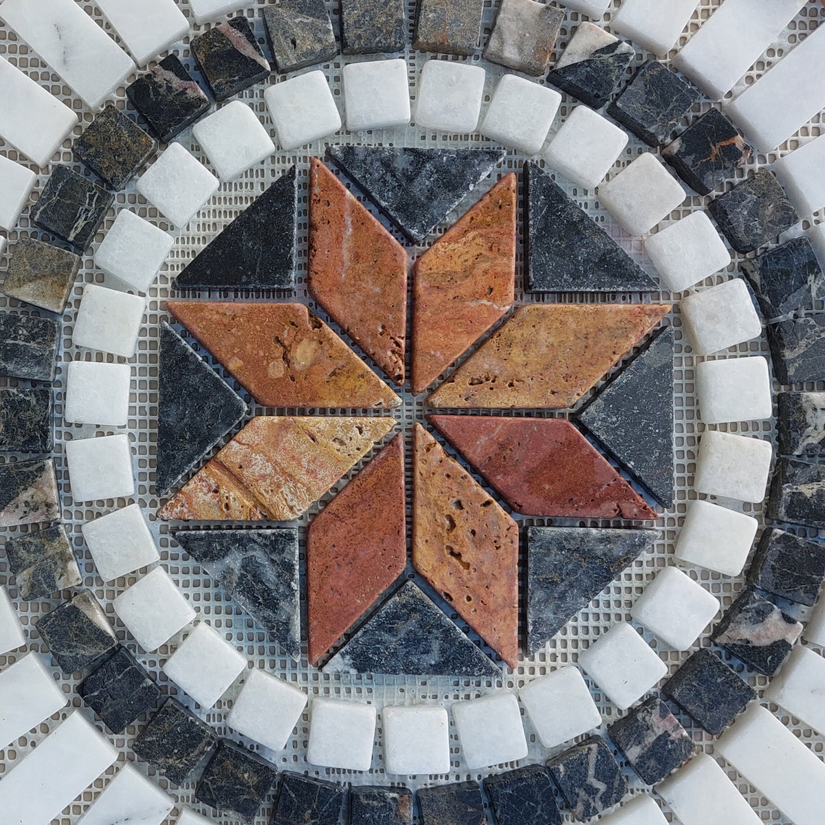 Handmade Marble Stone Mosaic Medallion: Tropical Garden Decor (24”x24”)