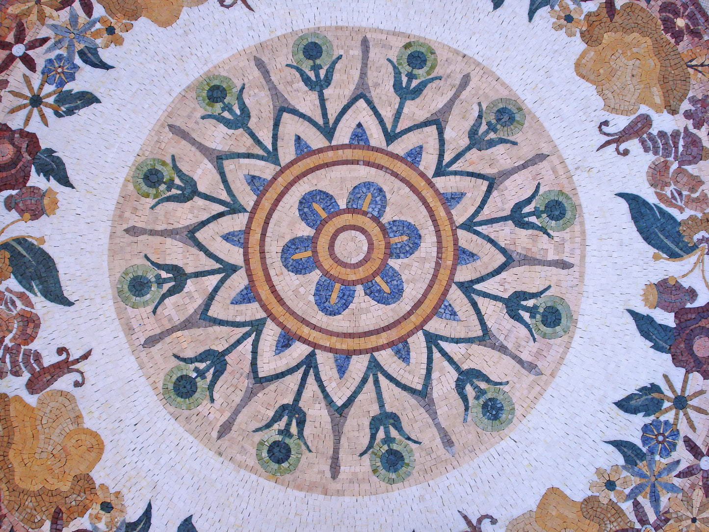 72" Handmade Marble Mosaic Medallion: Floral Stone Tile Decor