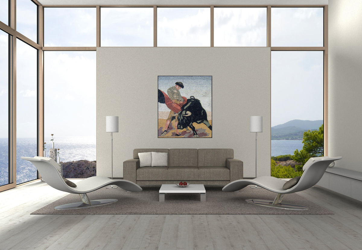 Handmade Bullfight Mosaic Tile Art: Marble Stone Backsplash