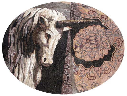 Handmade Marble Unicorn Mosaic Mural: Living Room Wall Art (50x32 in)