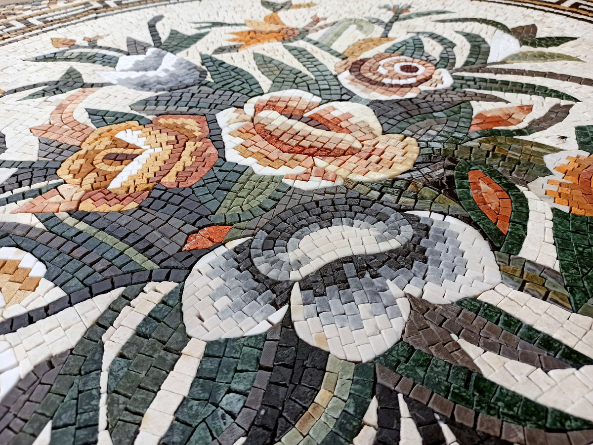 Handmade Marble Mosaic Tile: Colorful Roses, Greek Key Border (40x40)