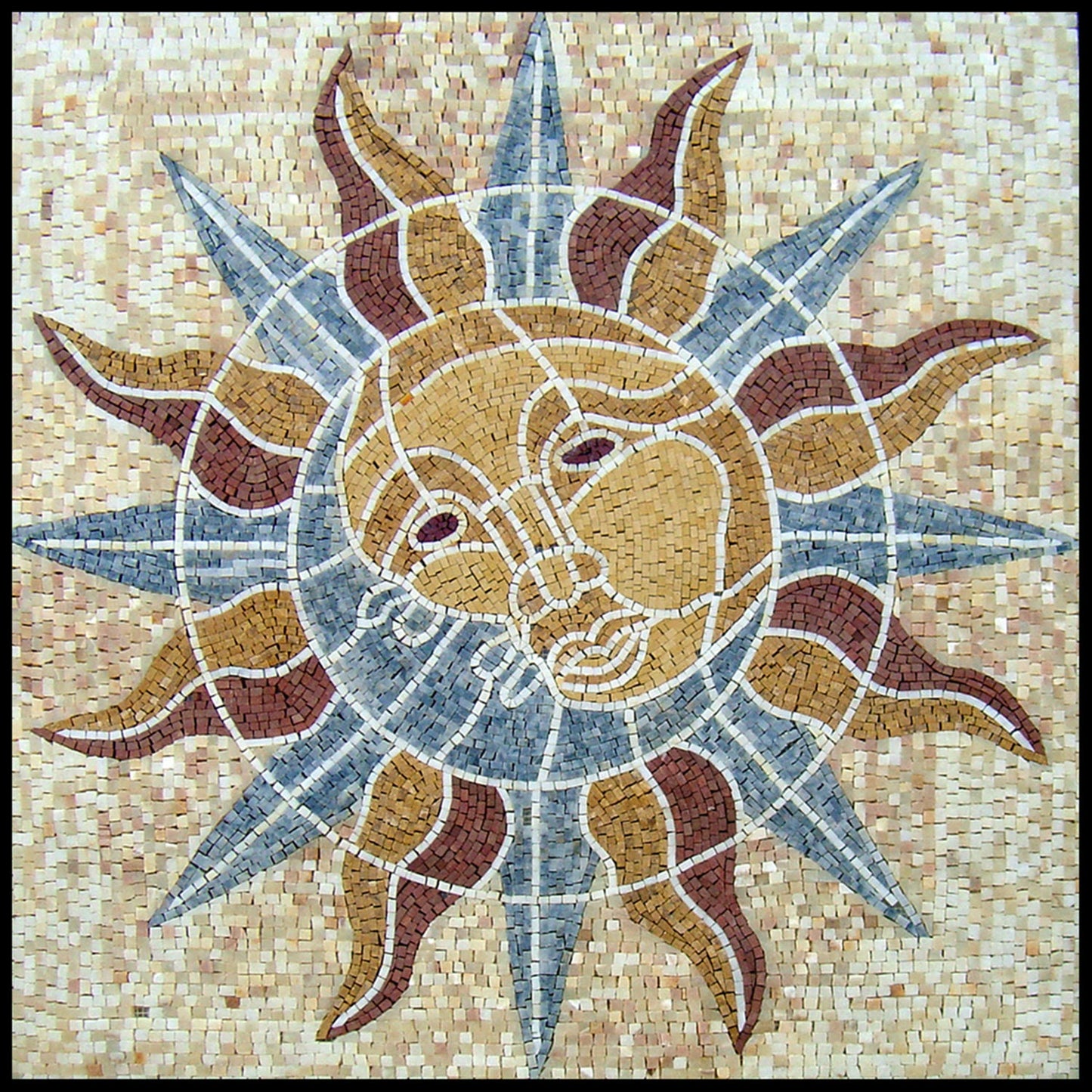 Sun Mosaic Tile Art: 40" Geometrical Marble Mural