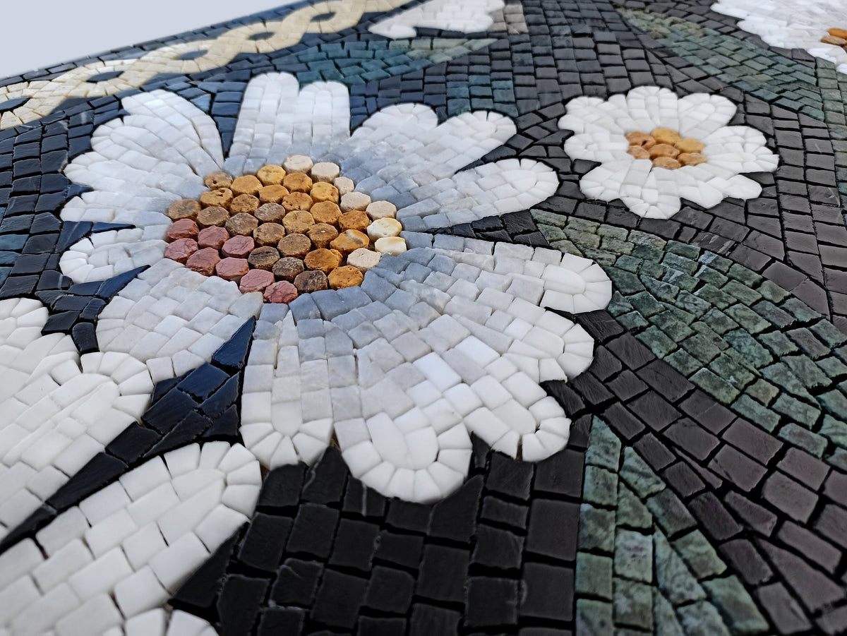 Handmade Marble Mosaic: White Daisy Floral Wall Art (40"x20")