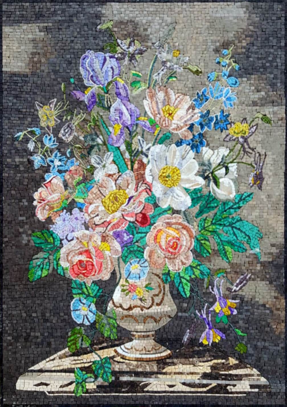 Floral Mosaic Art: Handmade Marble Flower Bouquet In Vase