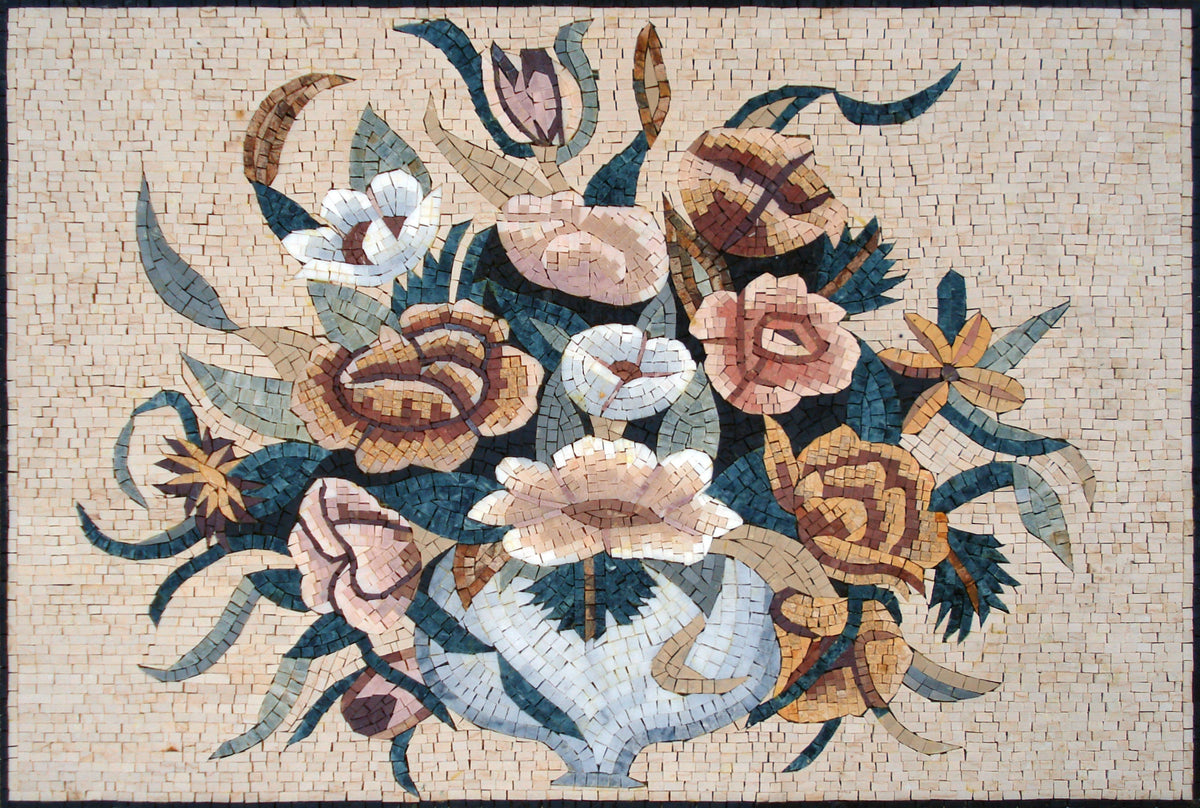 Handmade Marble Mosaic: Floral Bouquet in Vase Wall Art (36"x24")