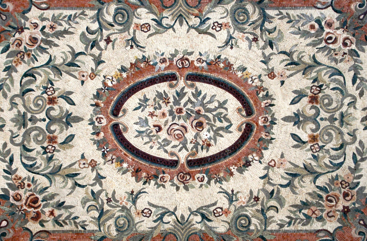 Handmade Marble Stone Mosaic Rug: Floral Art Tile Carpet (92” x 60")