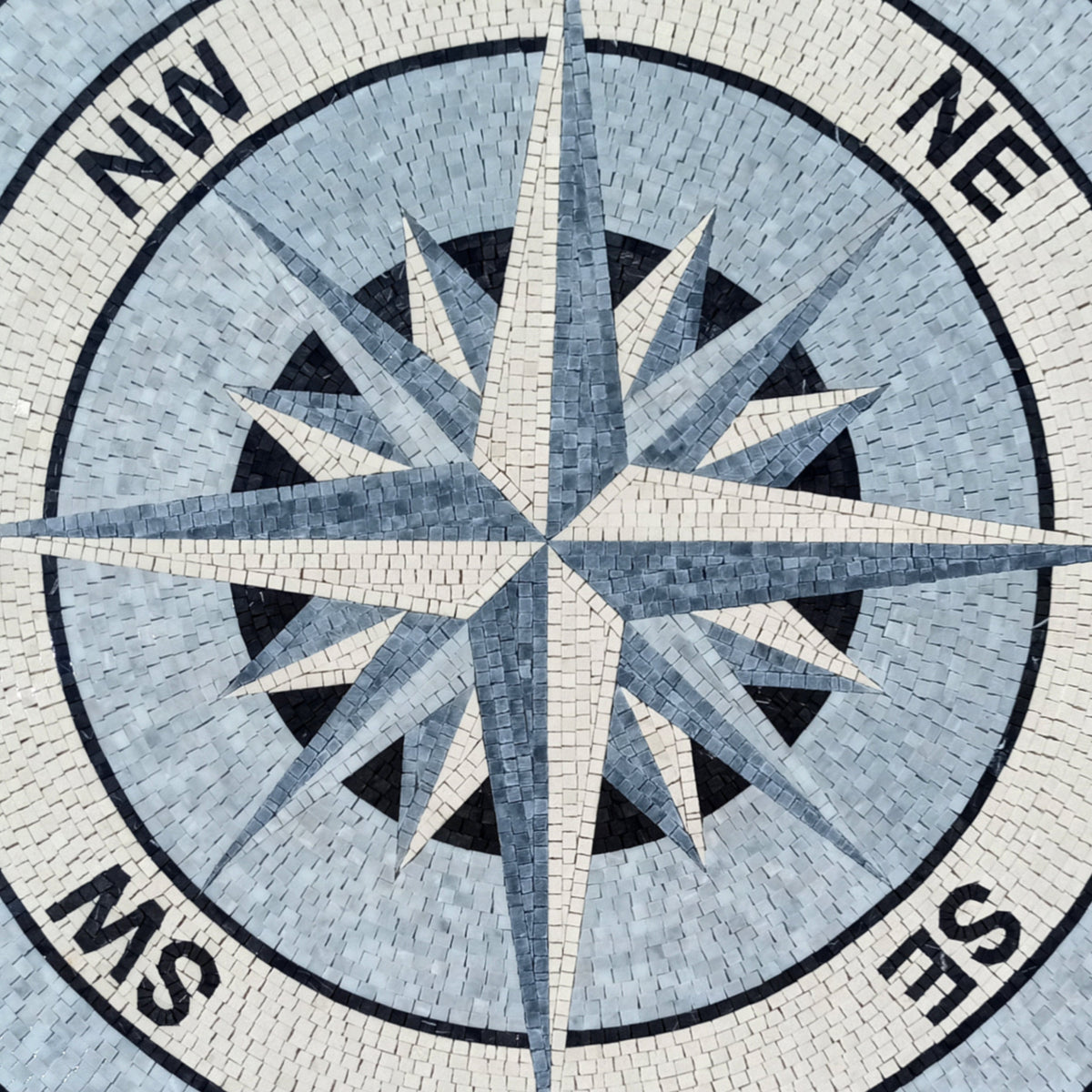 Modern Elegance - Mosaic Art Design - Grey and White Compass Rose Mosaic Medallion - Customization available