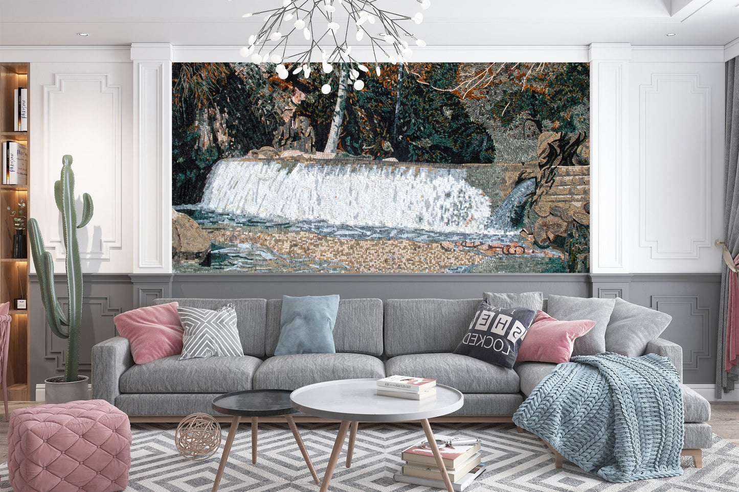Handmade Marble Waterfall Mosaic Mural: Indoor/Outdoor Wall Art