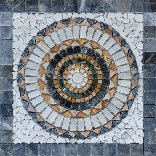 Handmade Marble Mosaic Medallion: Natural Stone Tile Art (24”x24”)