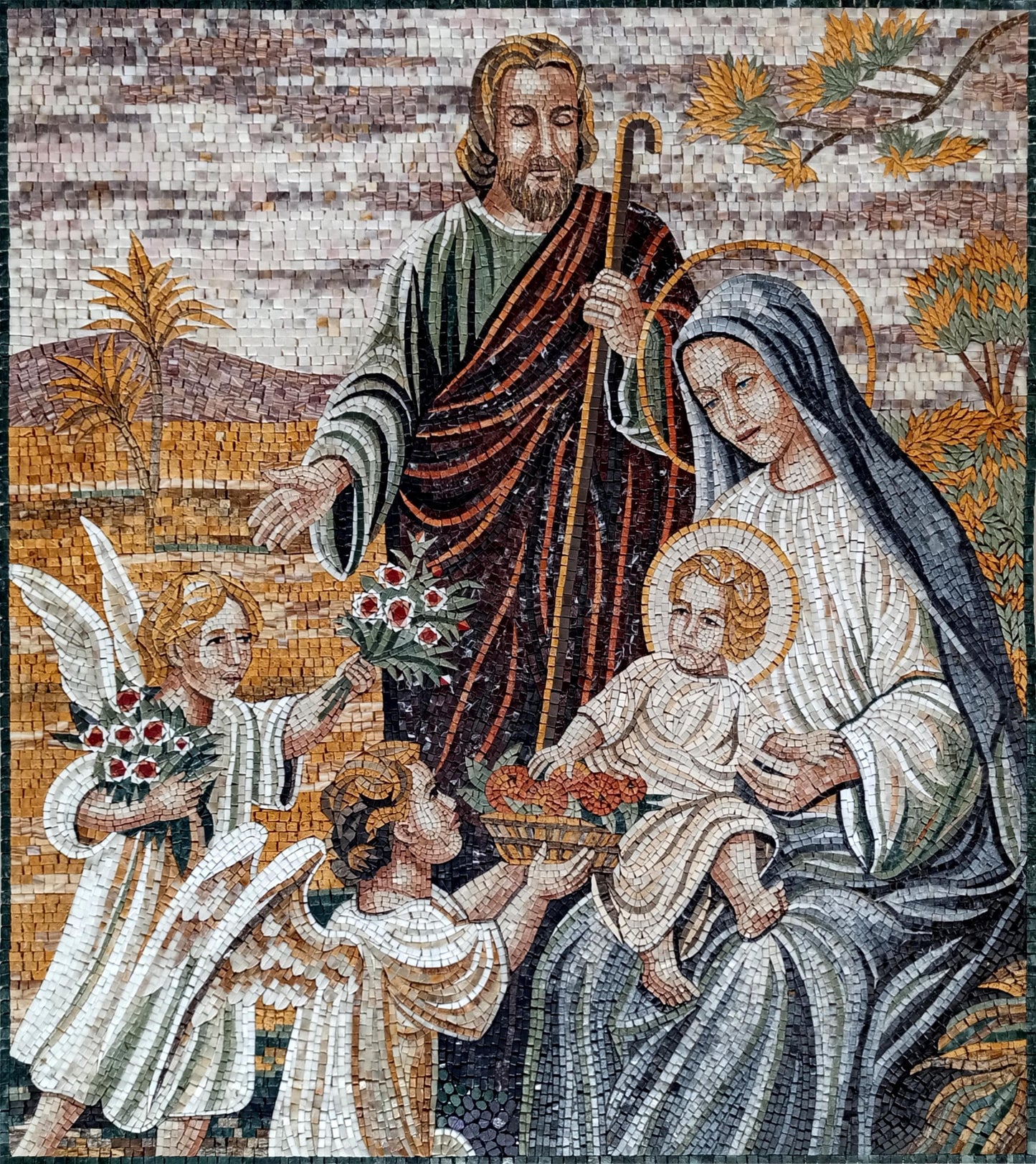 52"x60" Nativity Mosaic – Angels Visiting Baby Jesus, Mary & Joseph, Customization Available