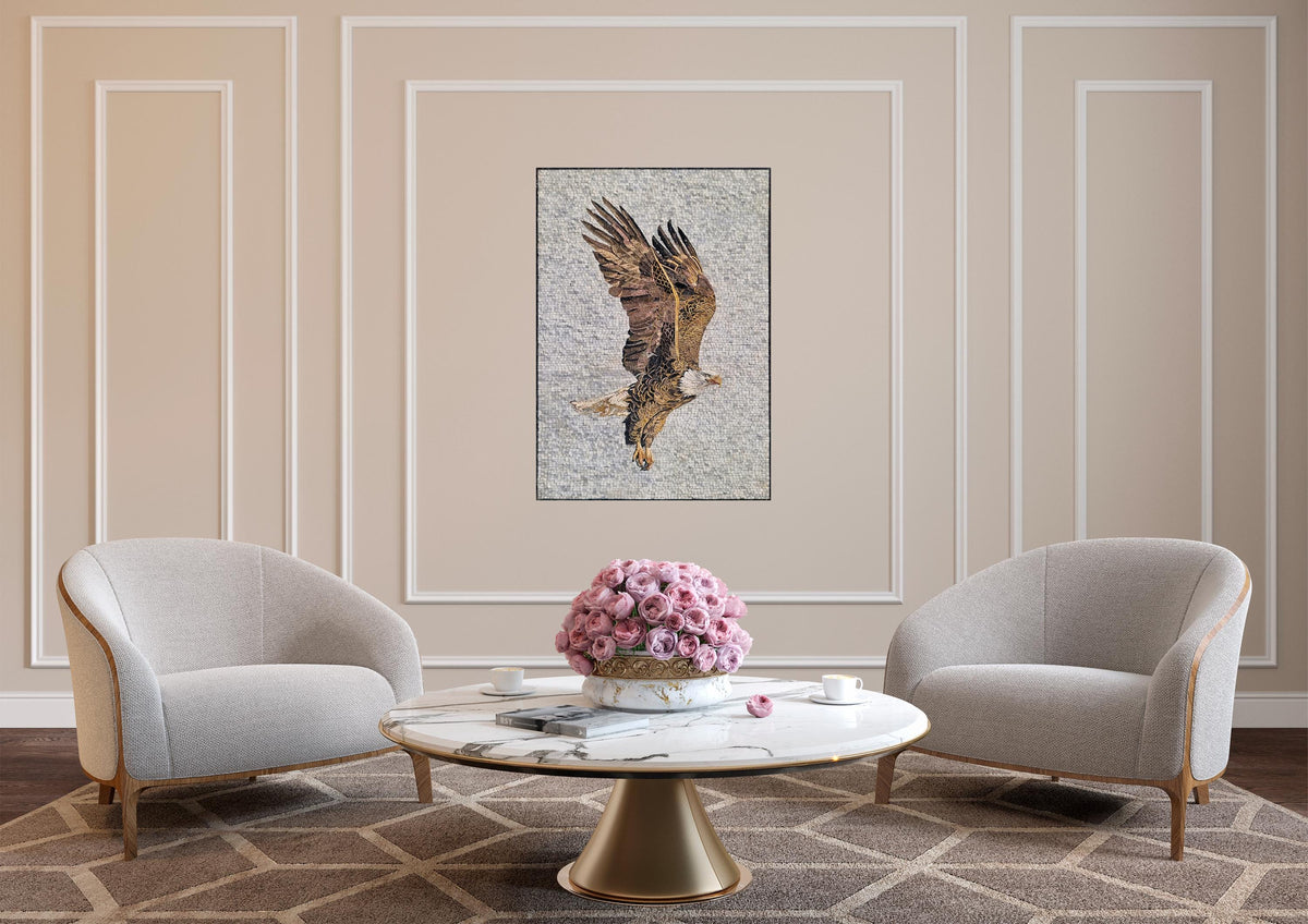 40x28 Inch Eagle Mosaic Wall Art – Custom Handmade Marble Tile, Patriotic Bird Design, Decorative Wall Inlay, Indoor Outdoor Decor