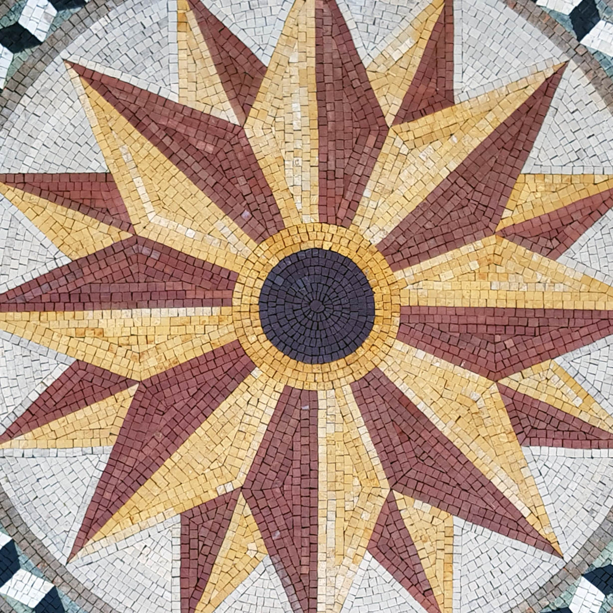 Nautical Compass Rose Mosaic Tile Art: Handmade Marble Medallion (32" Diameter)