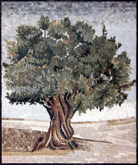 Handmade Olive Tree Mosaic Art: Marble Backsplash Tile (28” x 22.5")