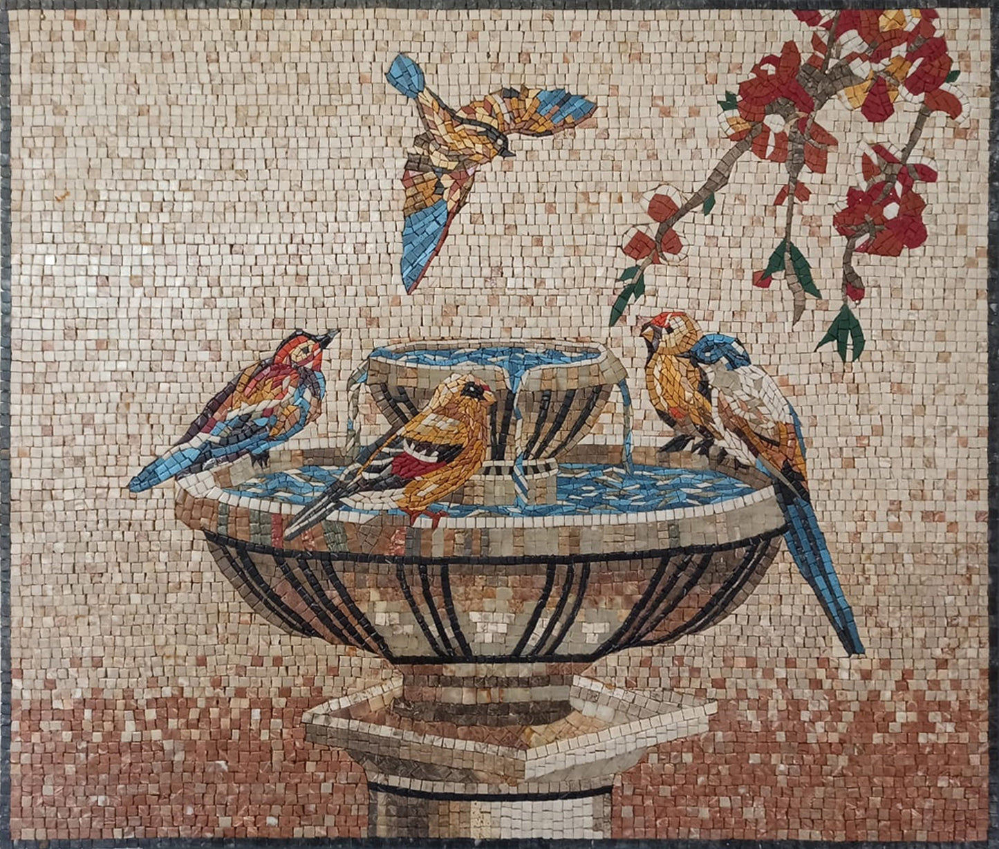 Handmade Bird Mosaic Tile Art: Drinking Birds at Sunset, 40x34"