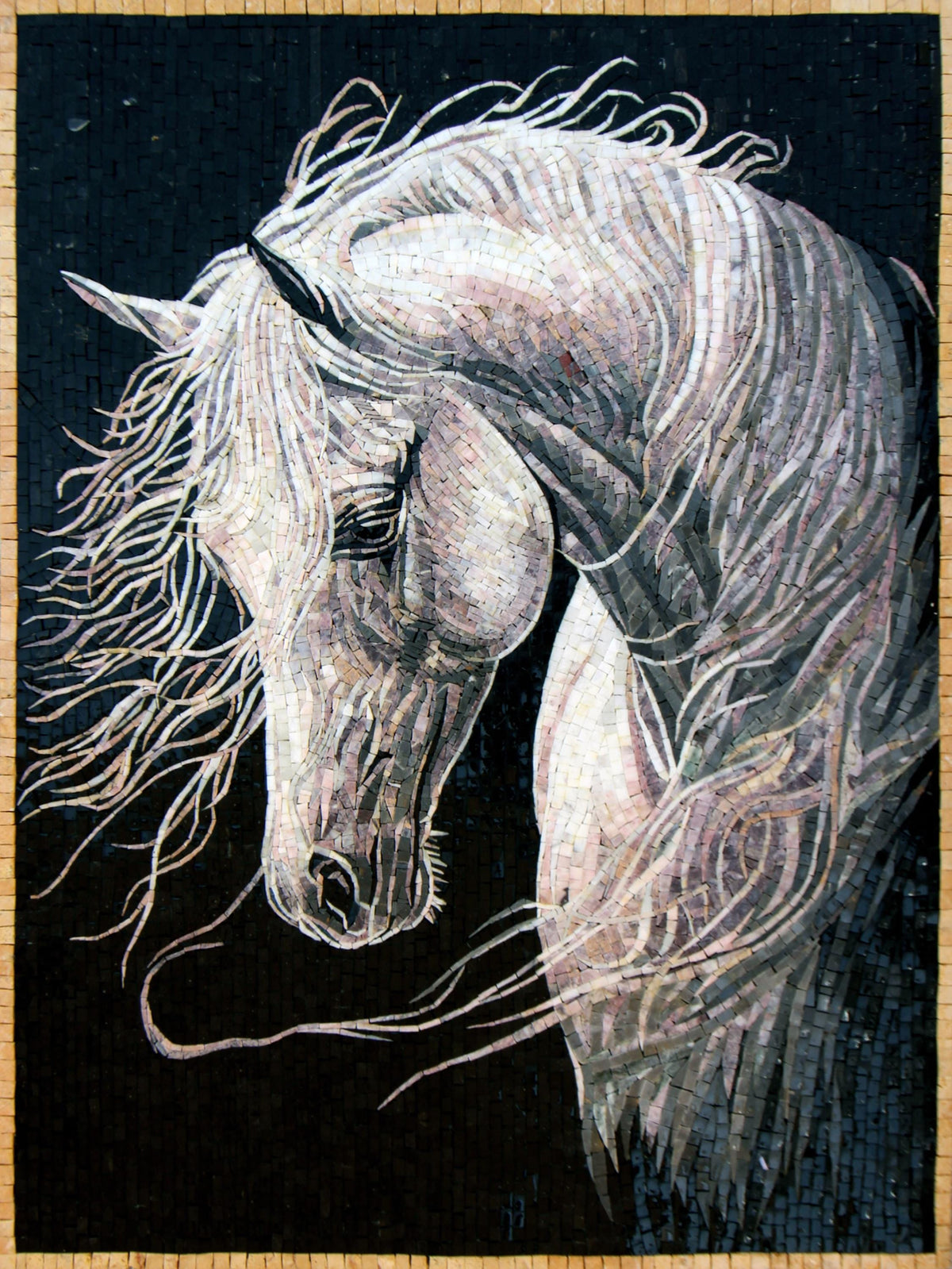 Handmade Horse Portrait Mosaic Mural: Marble Wall Art Decor