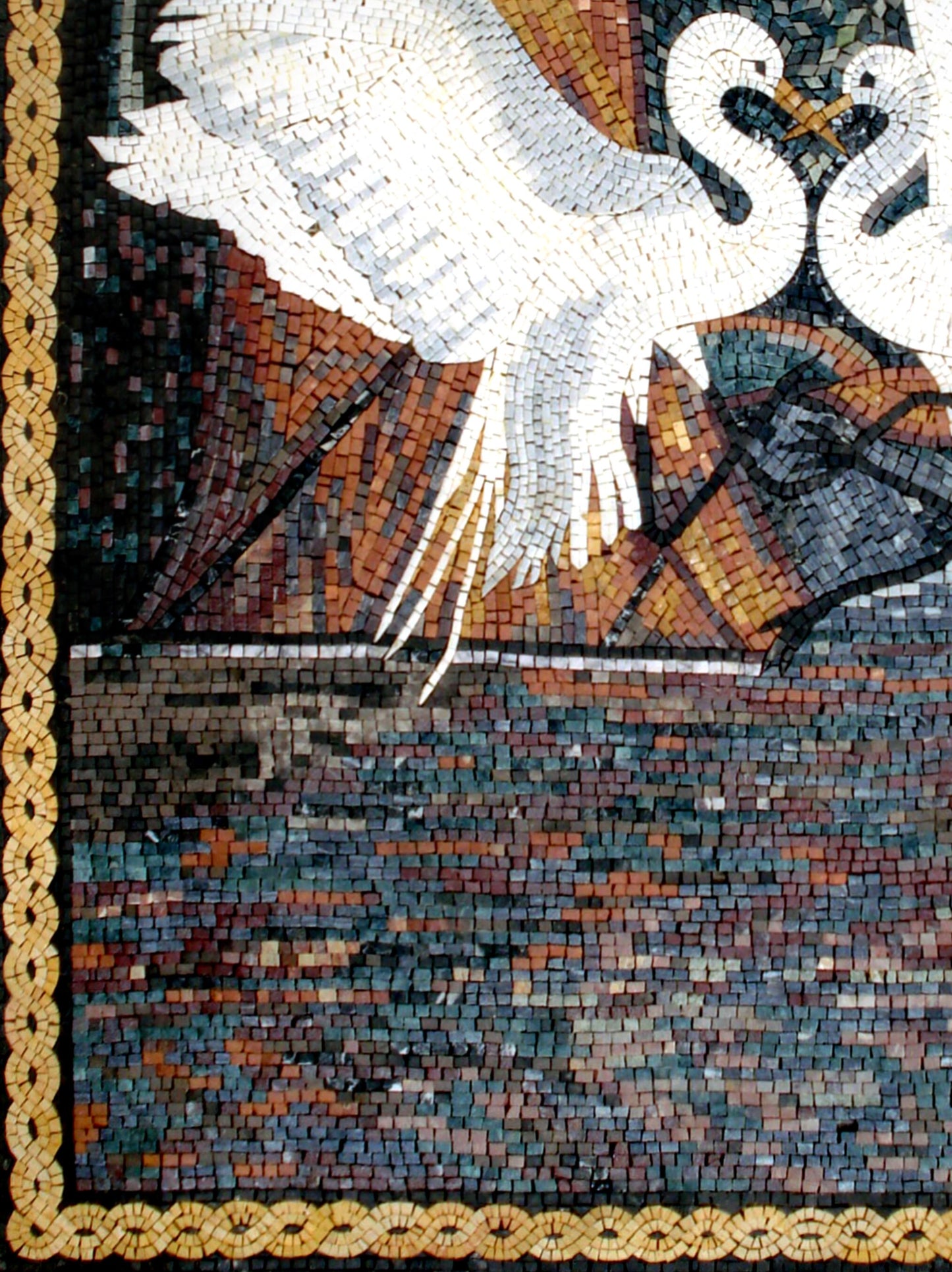 Sparring Cranes Mosaic Tile Art: Handmade Marble Wall Decor (50” x 40")