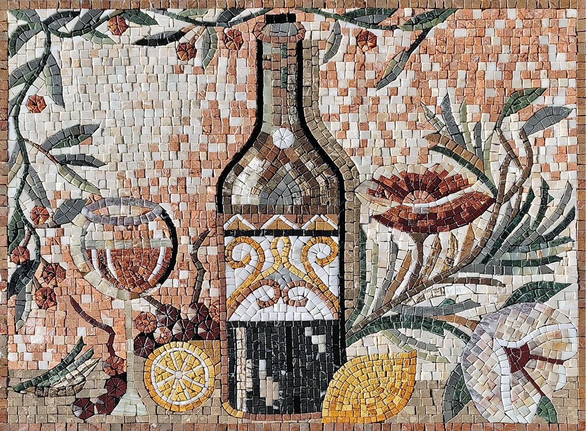 Handmade Marble Mosaic Art: Still Life Wine & Lemon Backsplash
